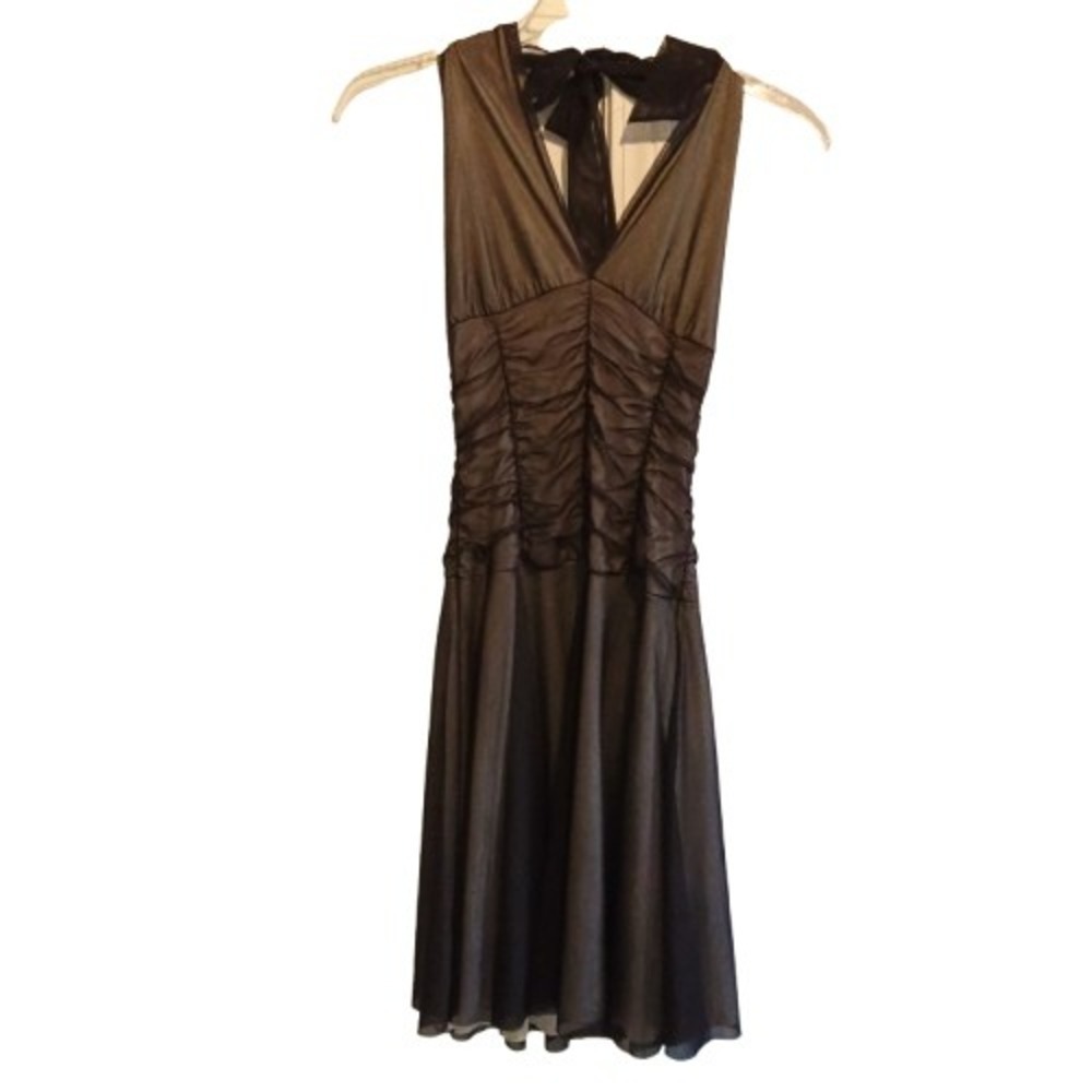 Heart Moon Star Black Mesh Halter Dress Ruched V-Neck Mini Cream Liner Small USA